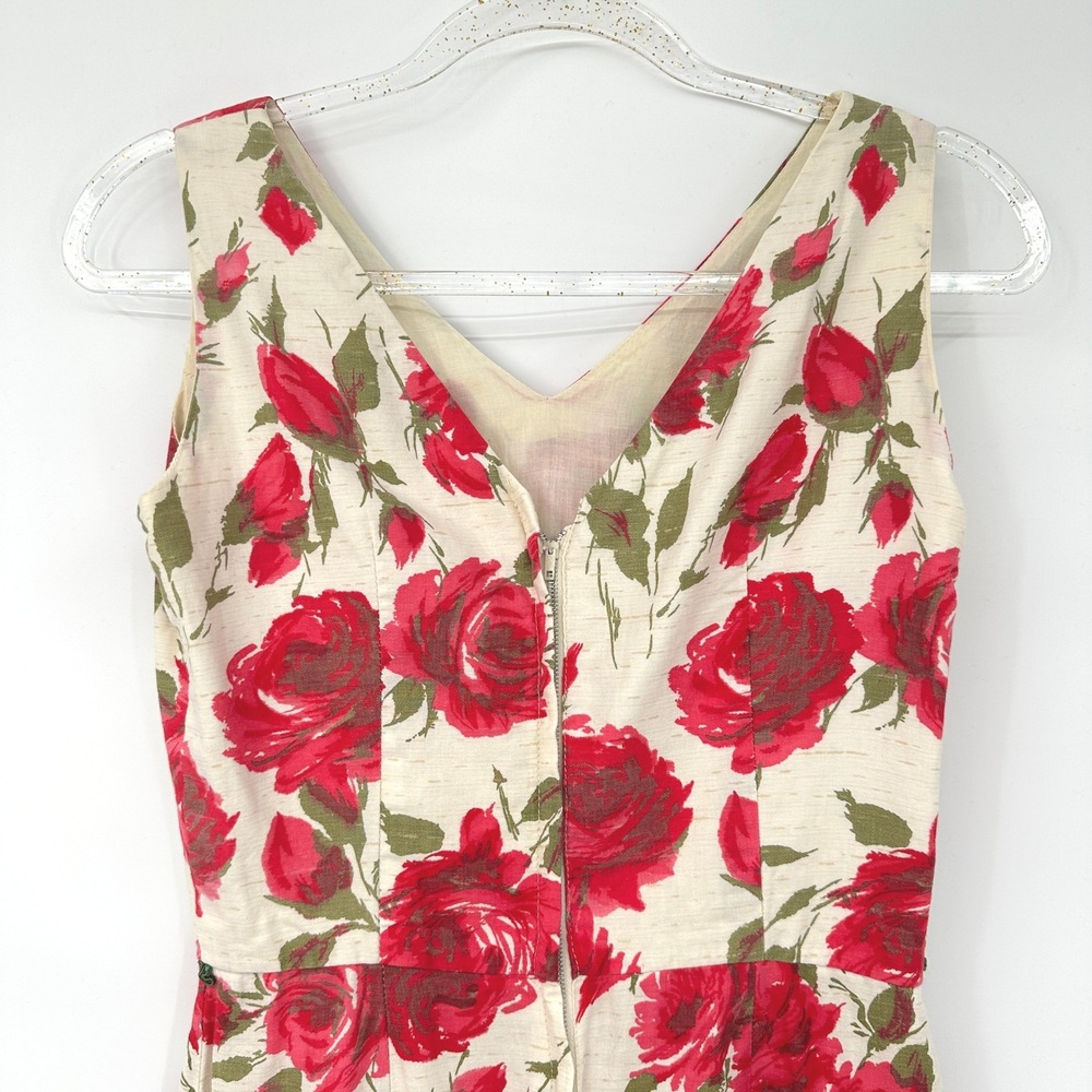 Vintage 50s 60s Floral Barkcloth Wiggle Sheath Dress S Pink Roses Mod Pin Up - Picture 5 of 10